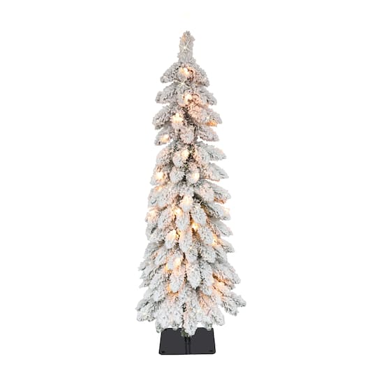 6 Pack: 3ft. Flocked Pencil Alpine Artificial Christmas Tree, Clear Lights